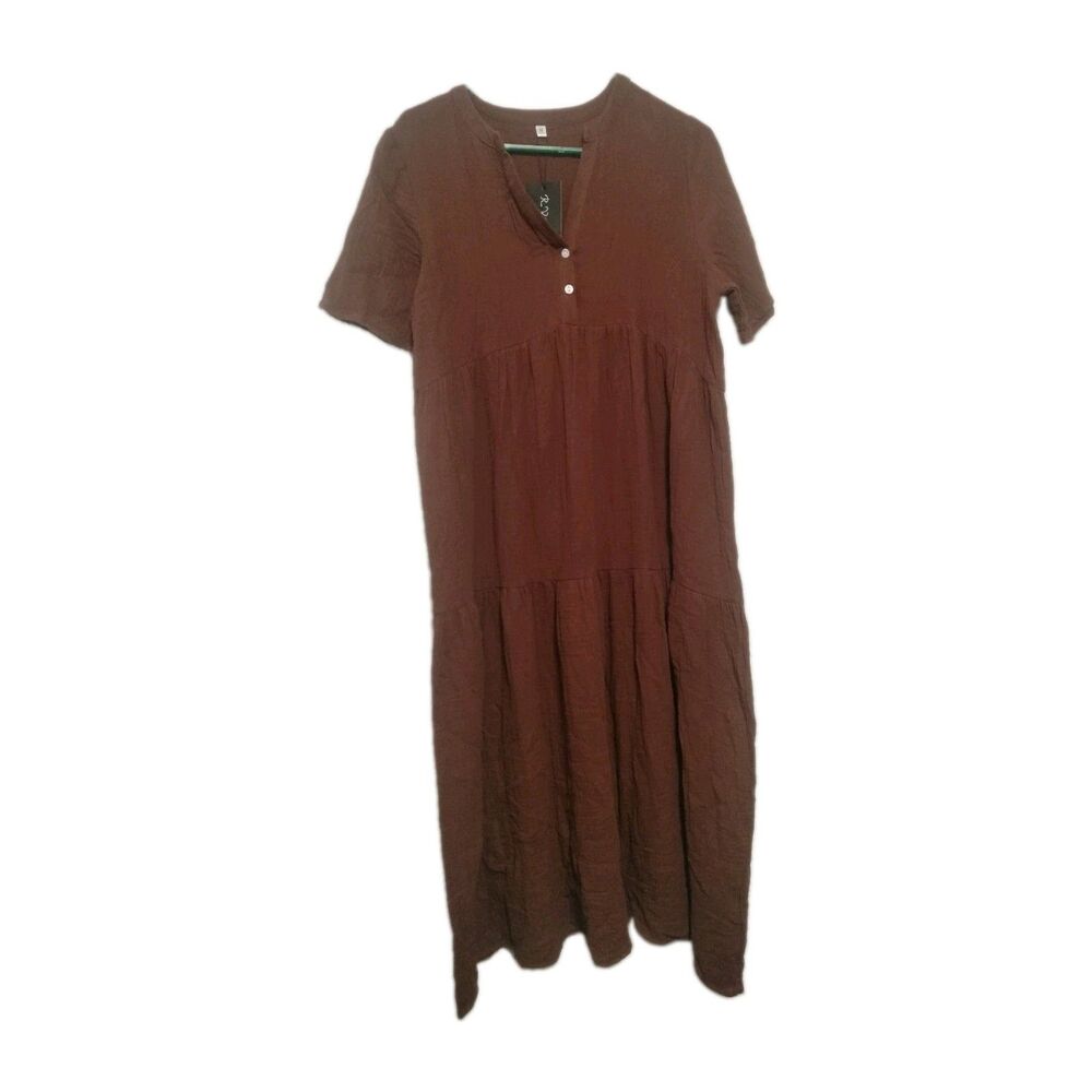 R. Vivimos Brown Short Sleeve Flowy Summer Dress for Women Sz Medium Cotton 441